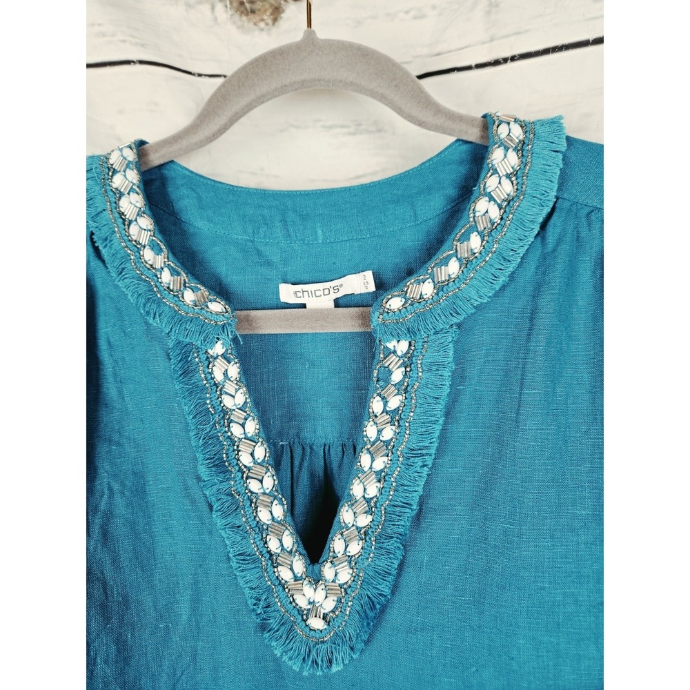 Chico's Teal Beaded Linen Tiered Dress 2 Womens US 12 Midi Ruffle Short Sleeves - Picture 3 of 8